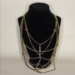 BCBG Generation Gold Tone Multi-Layer Chain Statement Bib Necklace 17”